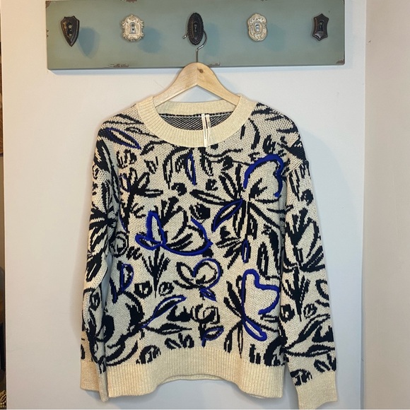 Anthropologie Floral Patterned Sweater - Cream and Black with Blue Embroidery - Picture 2 of 9